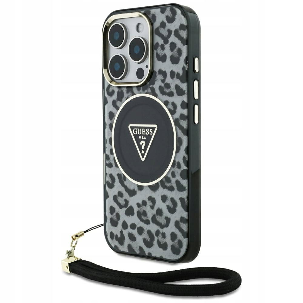 Puzdro Guess Hc IML Leopard Triangle Cord Strap pre iPhone 16 Pro MagSafe