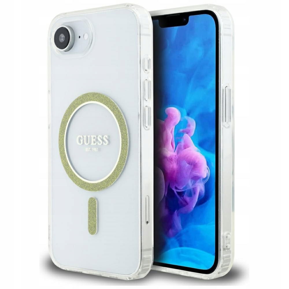 Puzdro Guess IML Glitter Circle MagSafe pre iPhone 16e, priehľadné