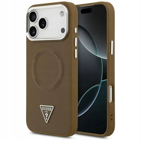 Puzdro Guess MagSafe pre iPhone 17 Pro s trojuholníkovým logom, hnedé
