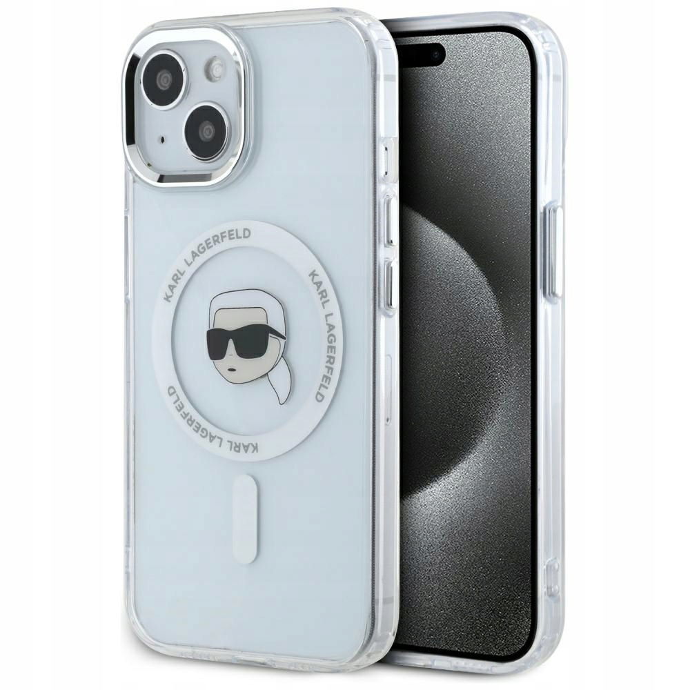 Puzdro Karl Lagerfeld IML Metal Karl Head MagSafe pre iPhone 15 biele