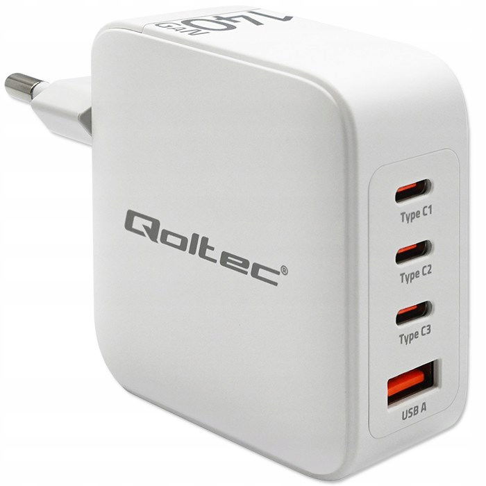 Qoltec Sieťová nabíjačka 140W GaN 5-20V 2.5-5A 3 x Usb-c Pd 1 x U