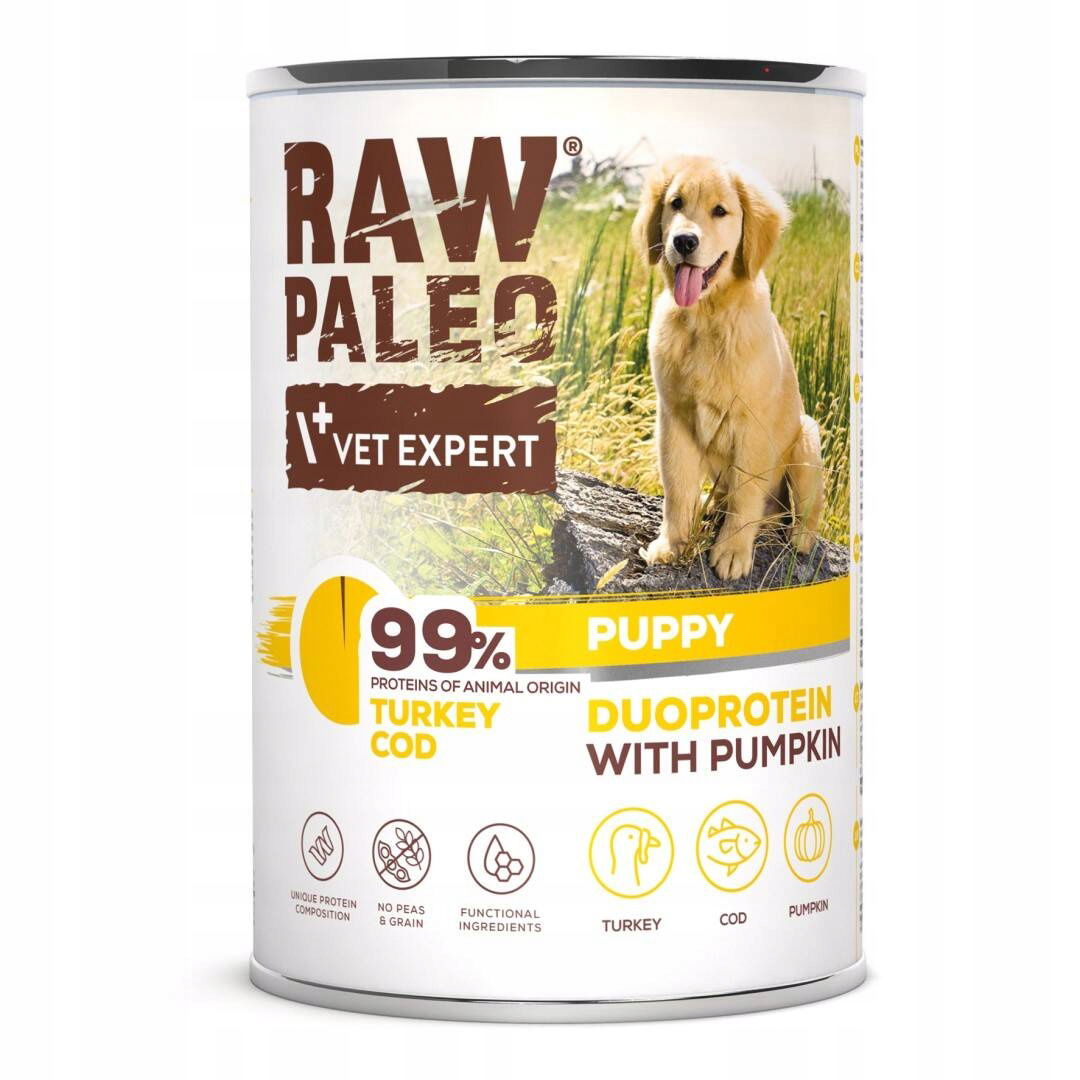 Raw Paleo Puppy Duoprotein 400 g Vlhké Krmivo pre morčacie šteniatka s treskou