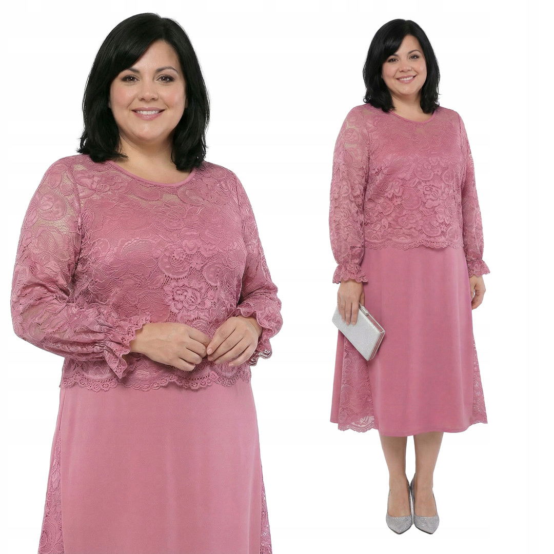 Ružová sukňa s čipkovanými rukávmi plus size, veľkosť 64