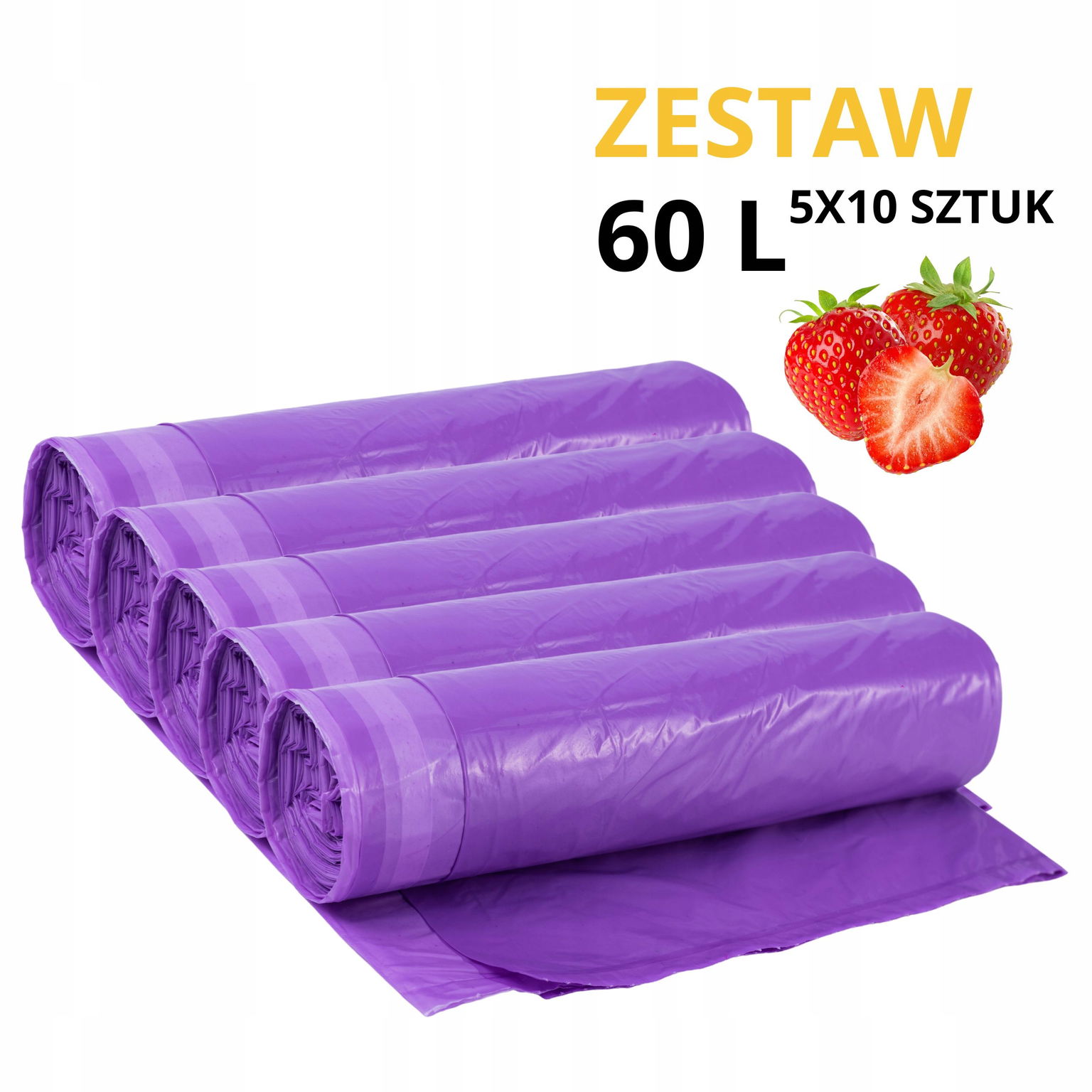 Sada 5x10 Intenzívne voňajúce vrecia na odpadky s páskou 60L Jahoda