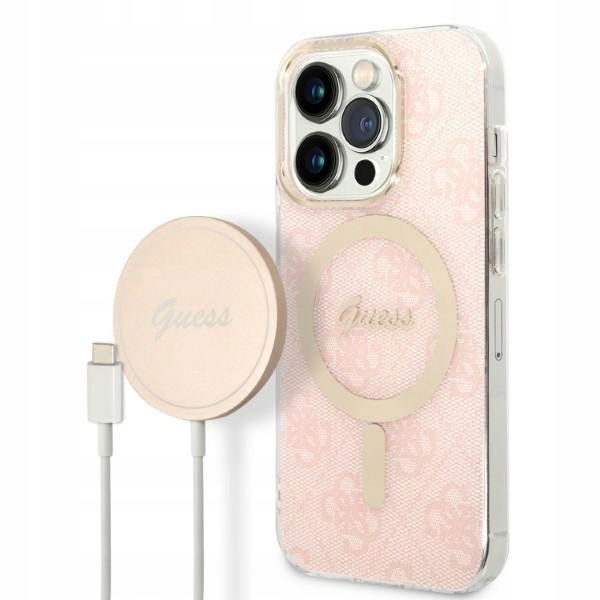 Sada Guess Case+ Charger iPhone 14 Pro 6,1" ružová/pink hard case 4G