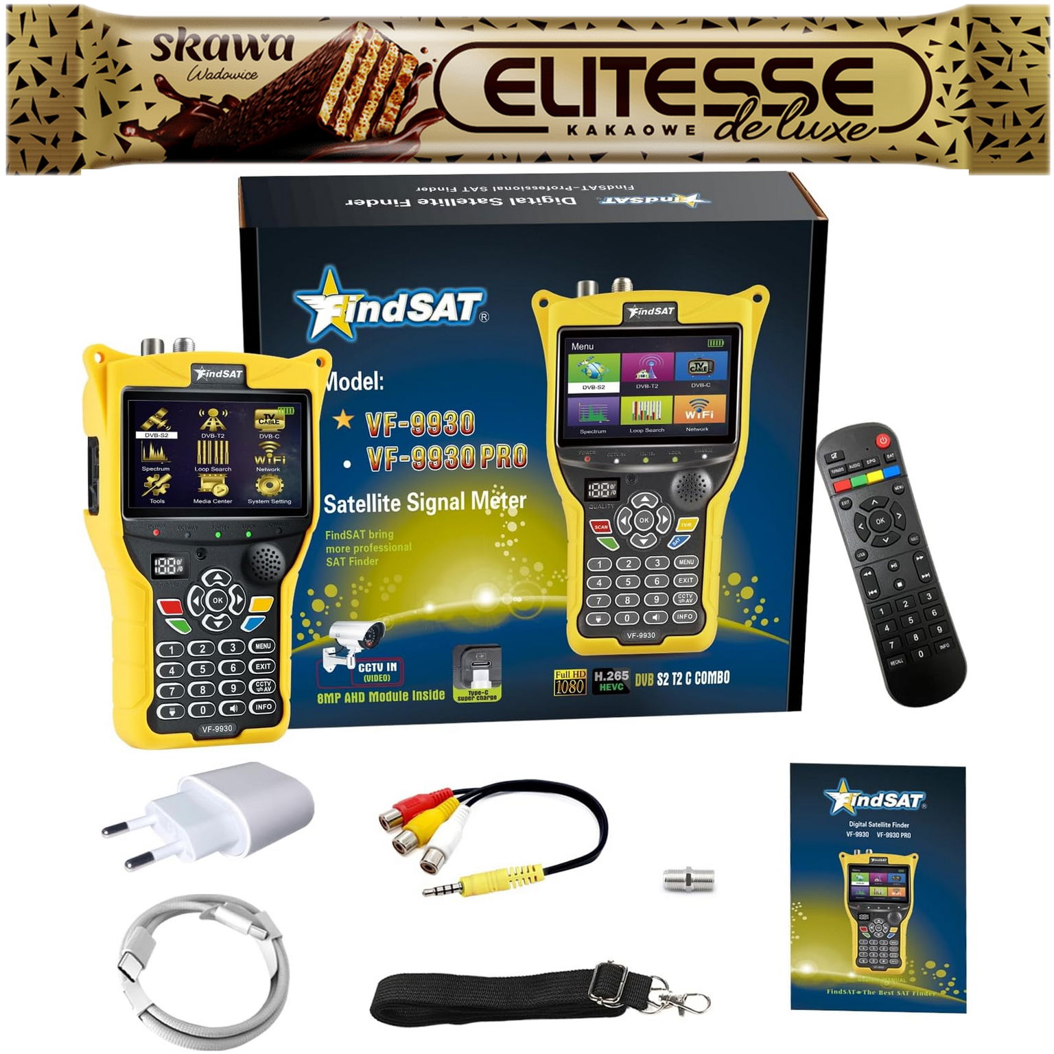 Satelitný merač VF9930 DVB-S2/S/S2X/T2/T/C 4,3" LCD príslušenstvo Sada