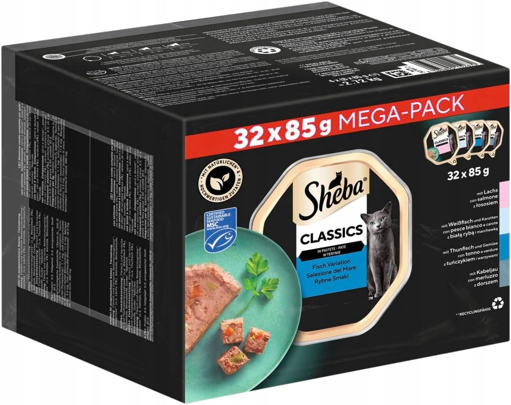 Sheba Mokré kompletné krmivo Rybia paštéta 32 x 85 g Podnos