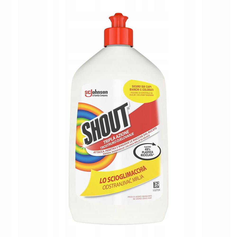 Shout Odstraňovač škvŕn na biele a farebné oblečenie s trojitým účinkom 500 ml