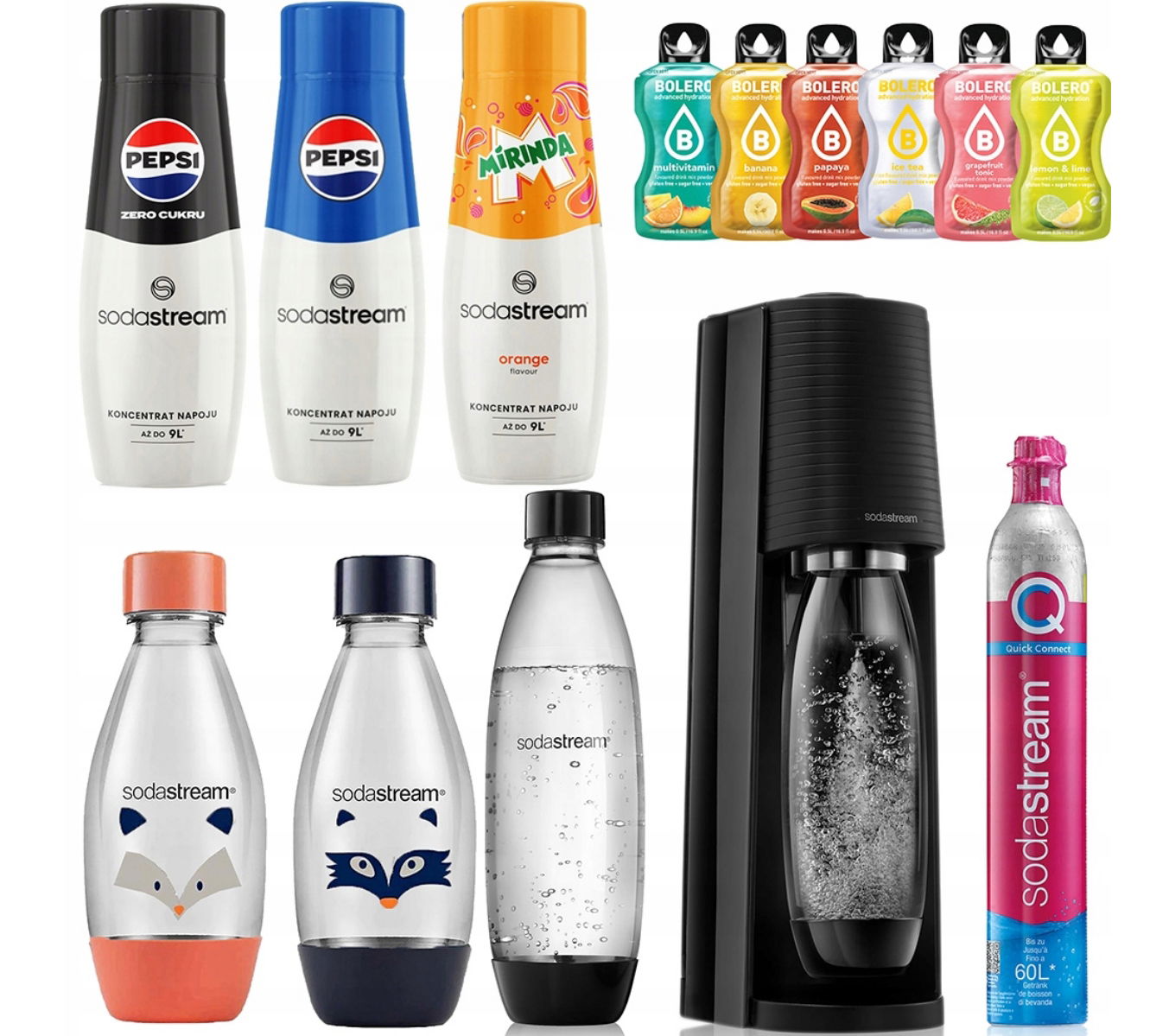 Sodastream Terra saturátor Bombička Flaše 1x 1L Fuse 2x 0,5L Mob 4x Sirup