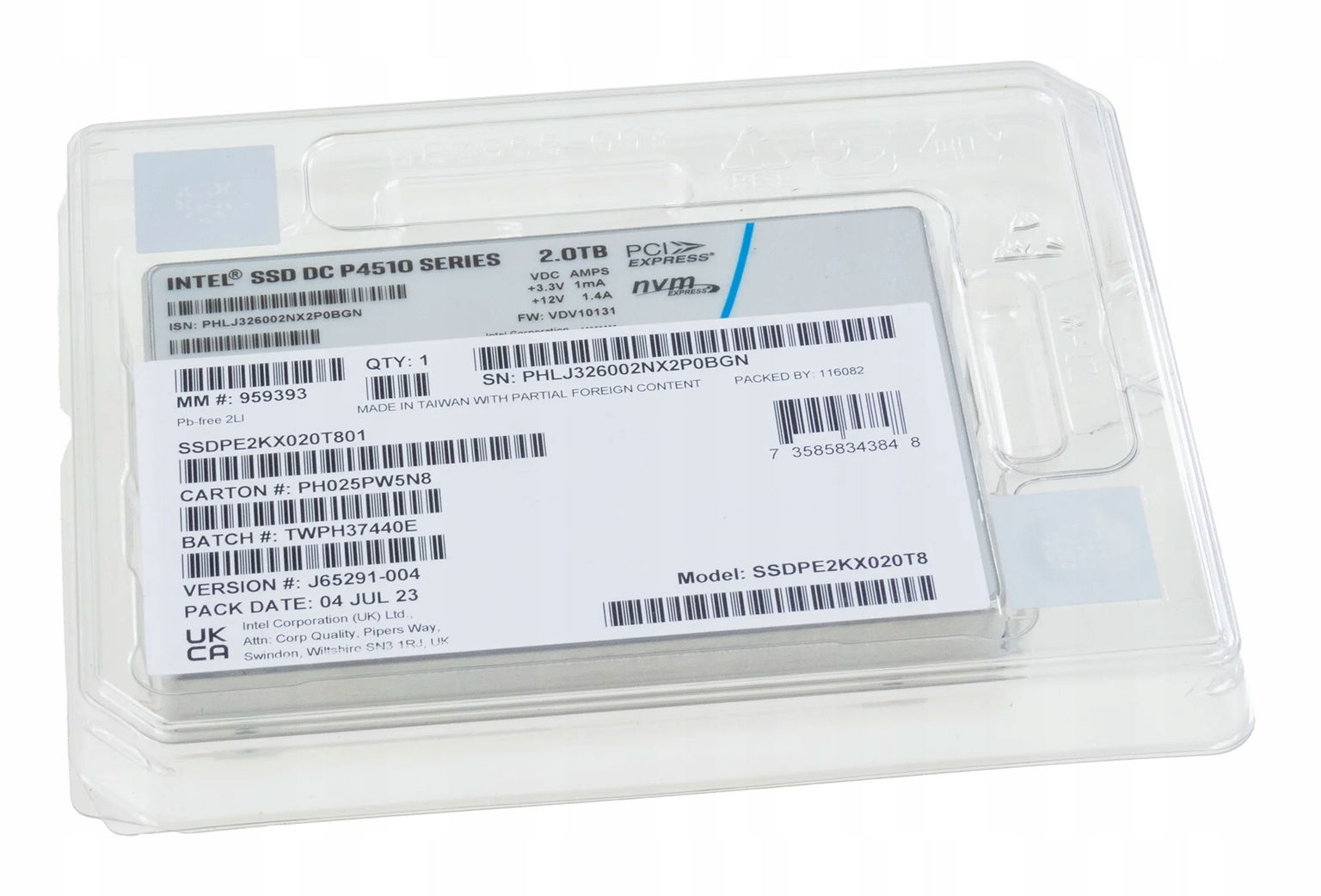 Ssd disk Intel P4510 2TB 2,5" NVMe U.2 PE2KX020T8
