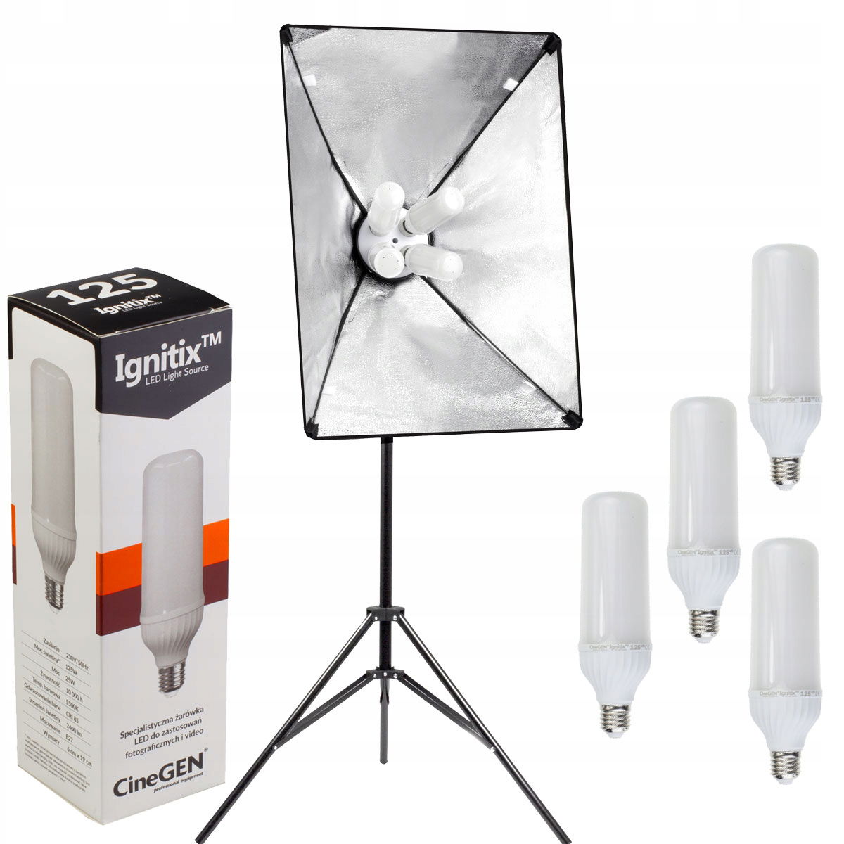 Štúdiová lampa 4x fotografická Led žiarovka 125W softbox 60x90 statív