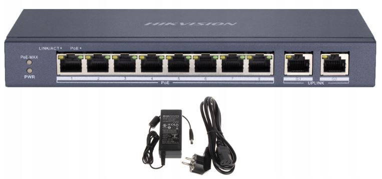 Switch PoE 8+2 pre Ip kamery Hikvision 60W 2x Uplink