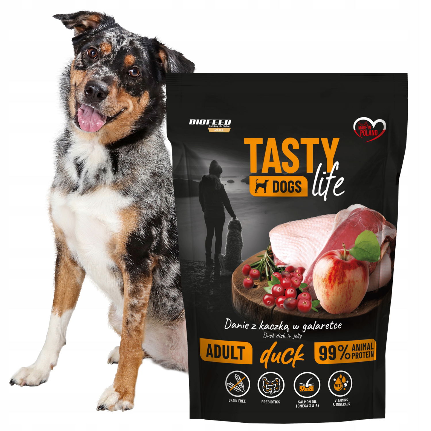 Tasty Dogs Life vlhké krmivo pre psa s kačicou v želé, vrecúško 150g