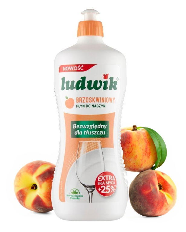 Tekutý prostriedok na umývanie riadu Ludwik broskyňový, účinný, 900 g, jemný