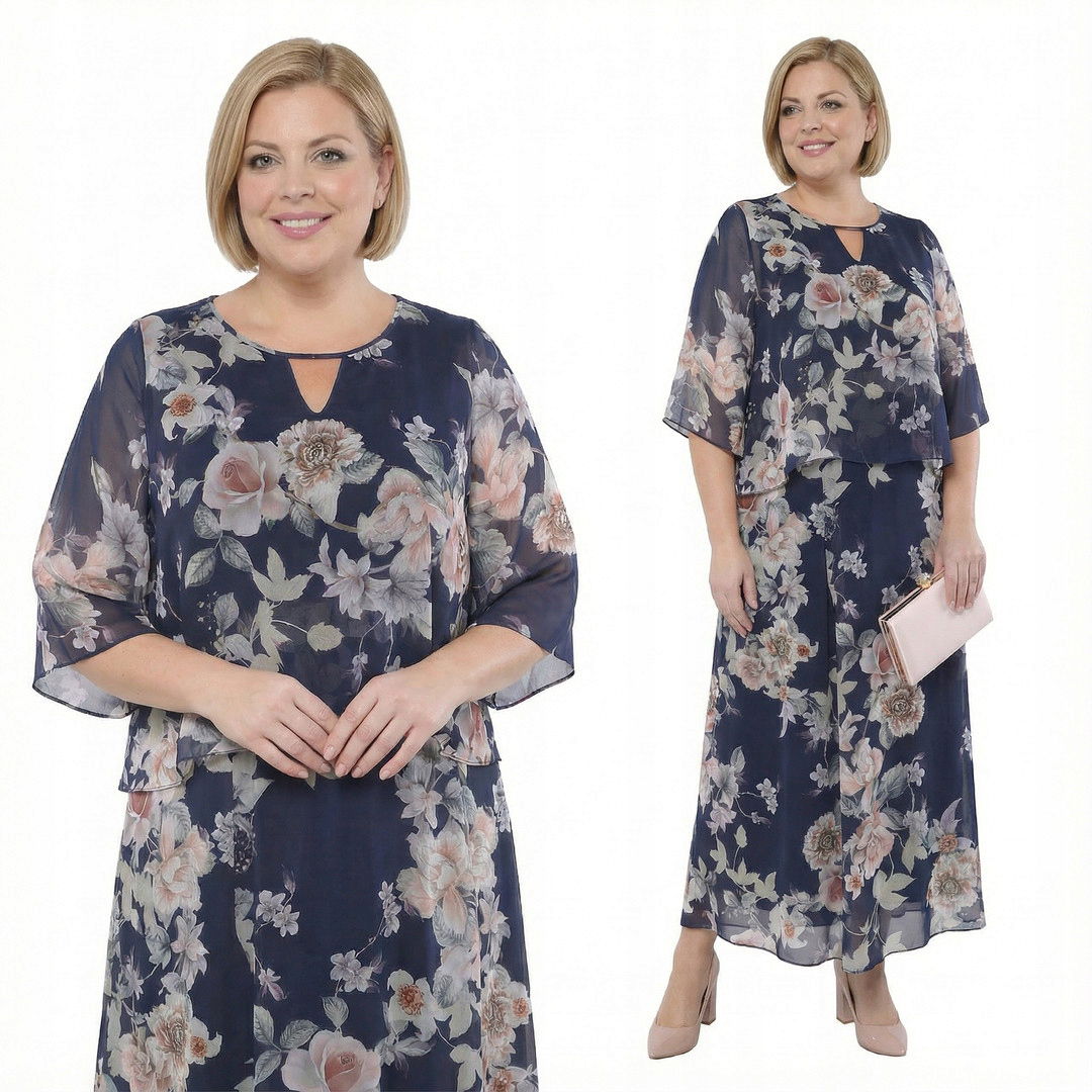 Tmavomodrá sukňa s kvetmi plus size veľkosť 52