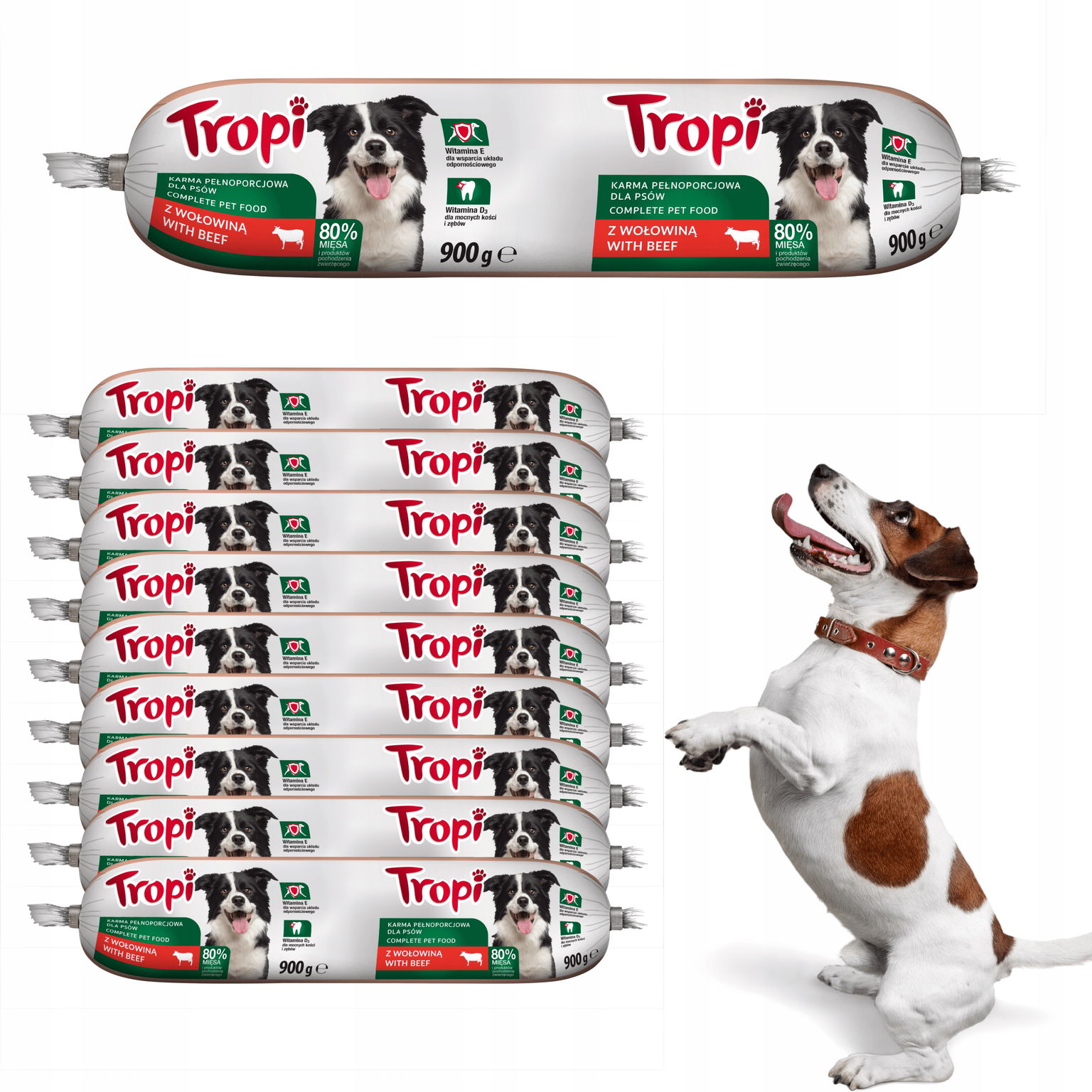 Tropi klobása pre psa s hovädzím mäsom vlhké krmivo sada tyčiniek 10 x 900 g