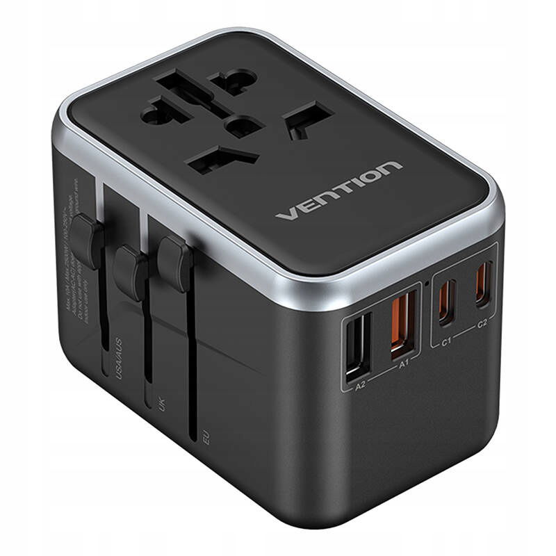 Univerzálny cestovný adaptér 65 W Vention FJFB0 GaN 2xUSB-C 2xUSB-A (čierny)