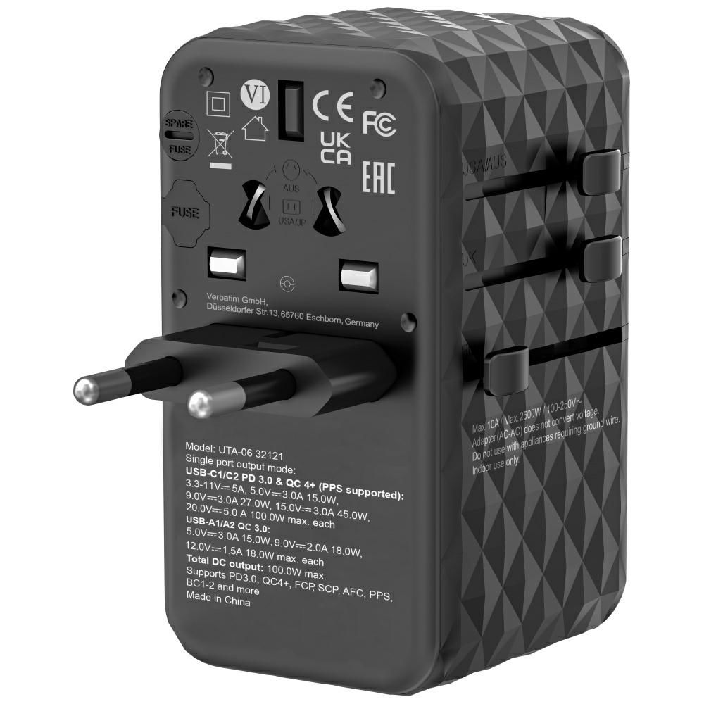 Verbatim Cestovný adaptér Eu/uk/us GaN2xUSB-A/2xUSB-C Pd 100W UTA-06 čierny