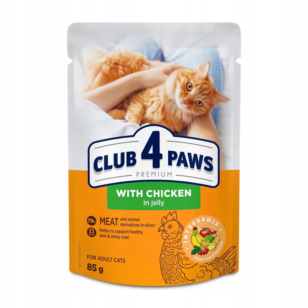 Vlhké krmivo pre mačky s kuracím mäsom v želé 85 g Club 4 Paws Premium