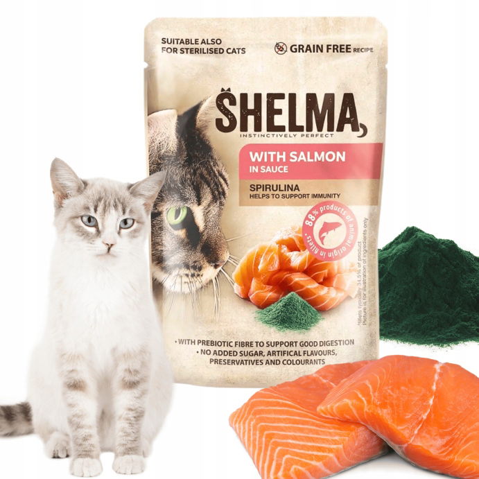 Vlhké krmivo pre mačky s lososom a spirulinou Premium Shelma 85 g