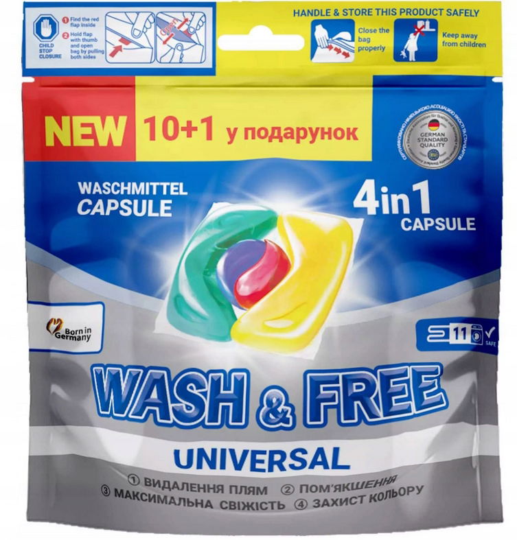 Wash&free Univerzálne nemecké kapsule na pranie 4v1, 10+1 kusov