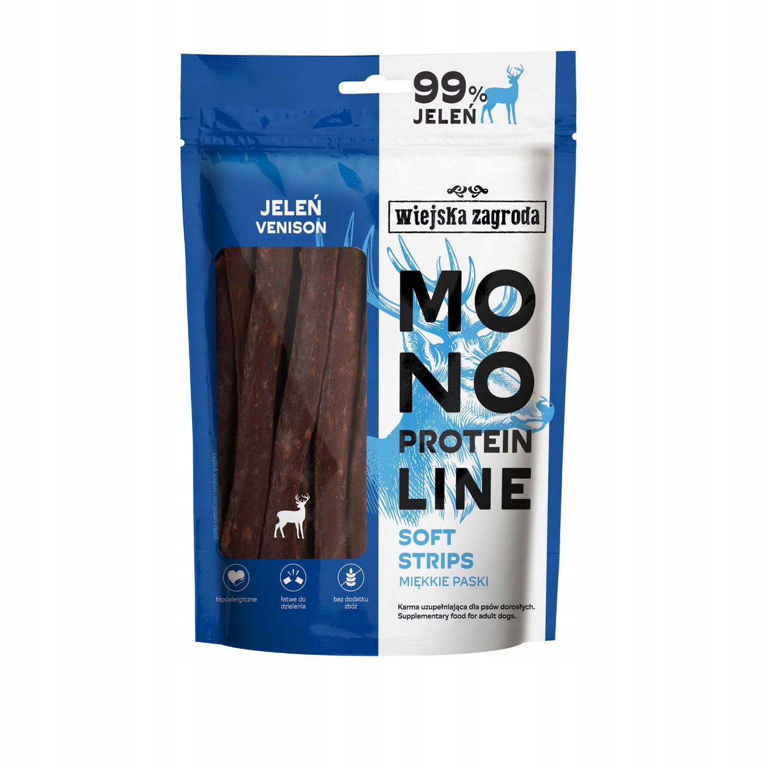 Wiejska Zagroda Monoprotein Jeleň prúžky pochúťka pre psa 100 g
