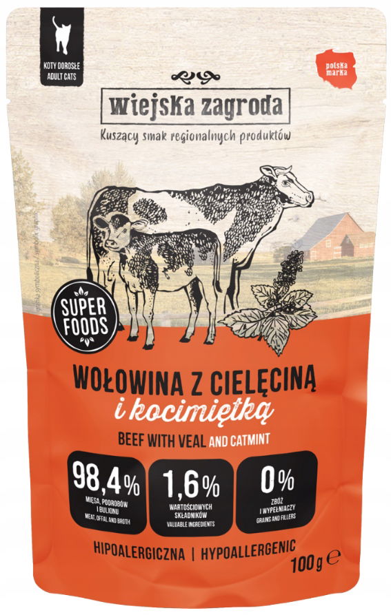 Wiejska Zagroda vlhké krmivo pre mačky, hovädzie s teľacím mäsom a kocúrnikom, 100g