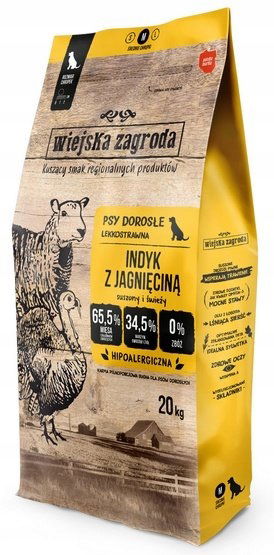 Zdravé hypoalergénne krmivo pre psa Wiejska Zagroda Morka s jahňacím mäsom 20 kg