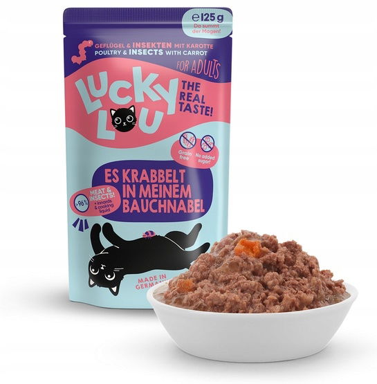 Zdravé krmivo pre mačky bez obilnín, cukru a Gmo – Lucky Lou Hydina a Hmyz 125 g