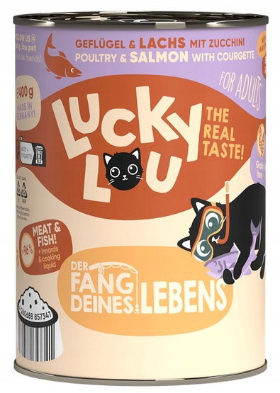Zdravé krmivo pre mačky bez obilnín, cukru a Gmo – Lucky Lou Hydina a Losos 400 g