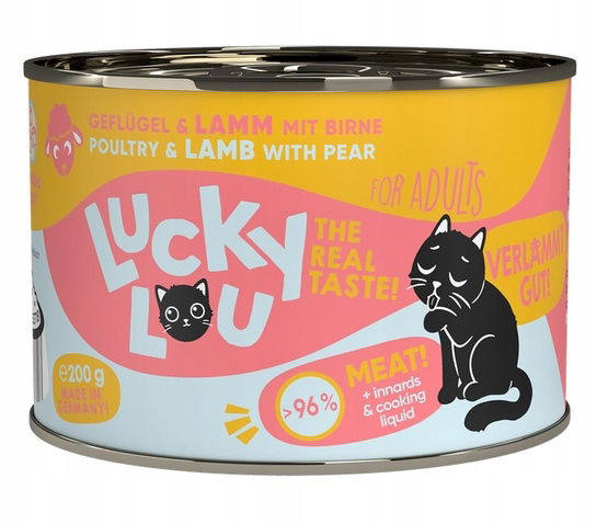 Zdravé krmivo pre mačky bez obilnín, cukru, Gmo Lucky Lou Hydina a Jahňacie 200 g