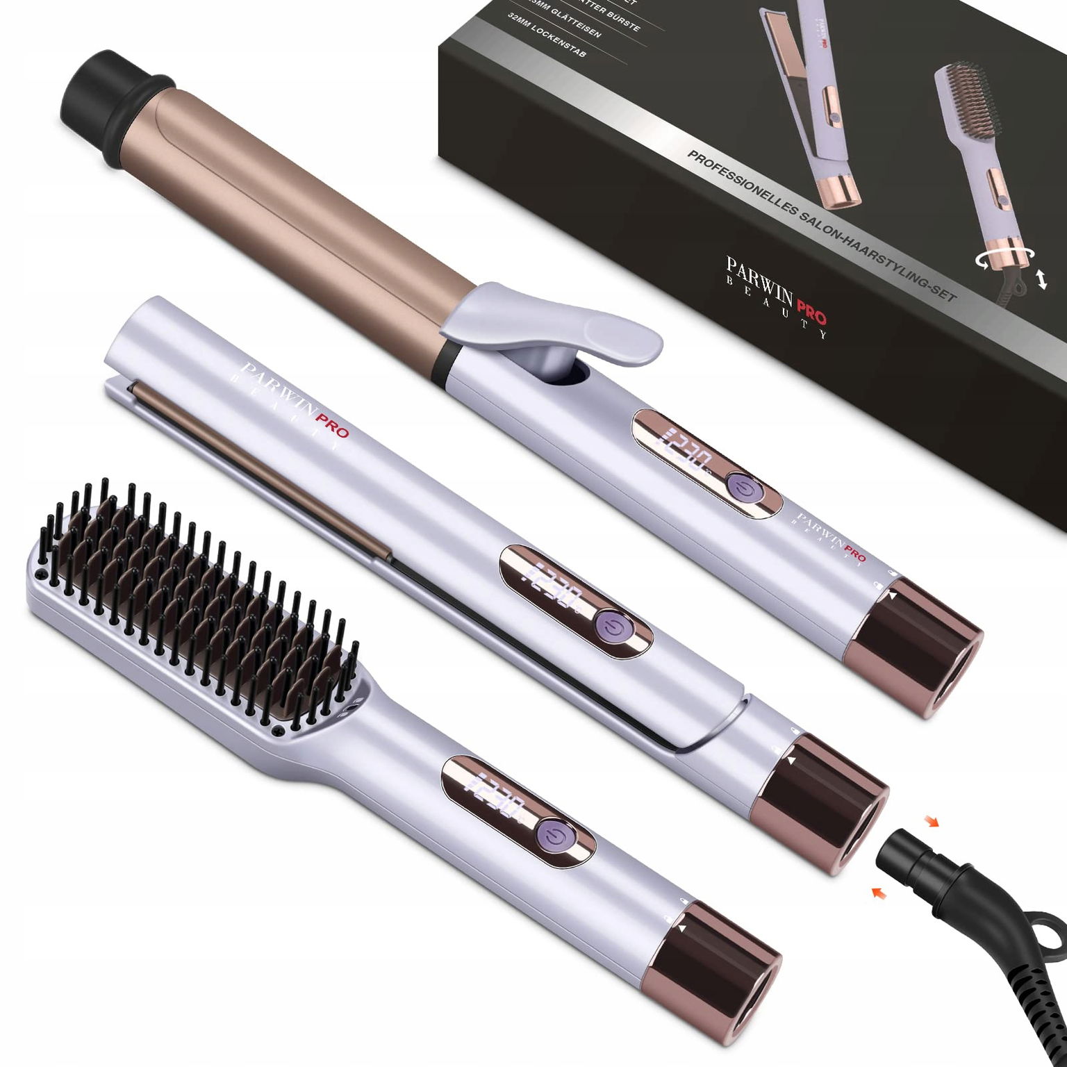 Žehlička na vlasy a kefa Parwin Pro Beauty
