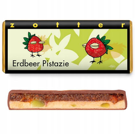 Zotter Strawberry Pistachios, čokoláda plnená jahodami a pistáciami