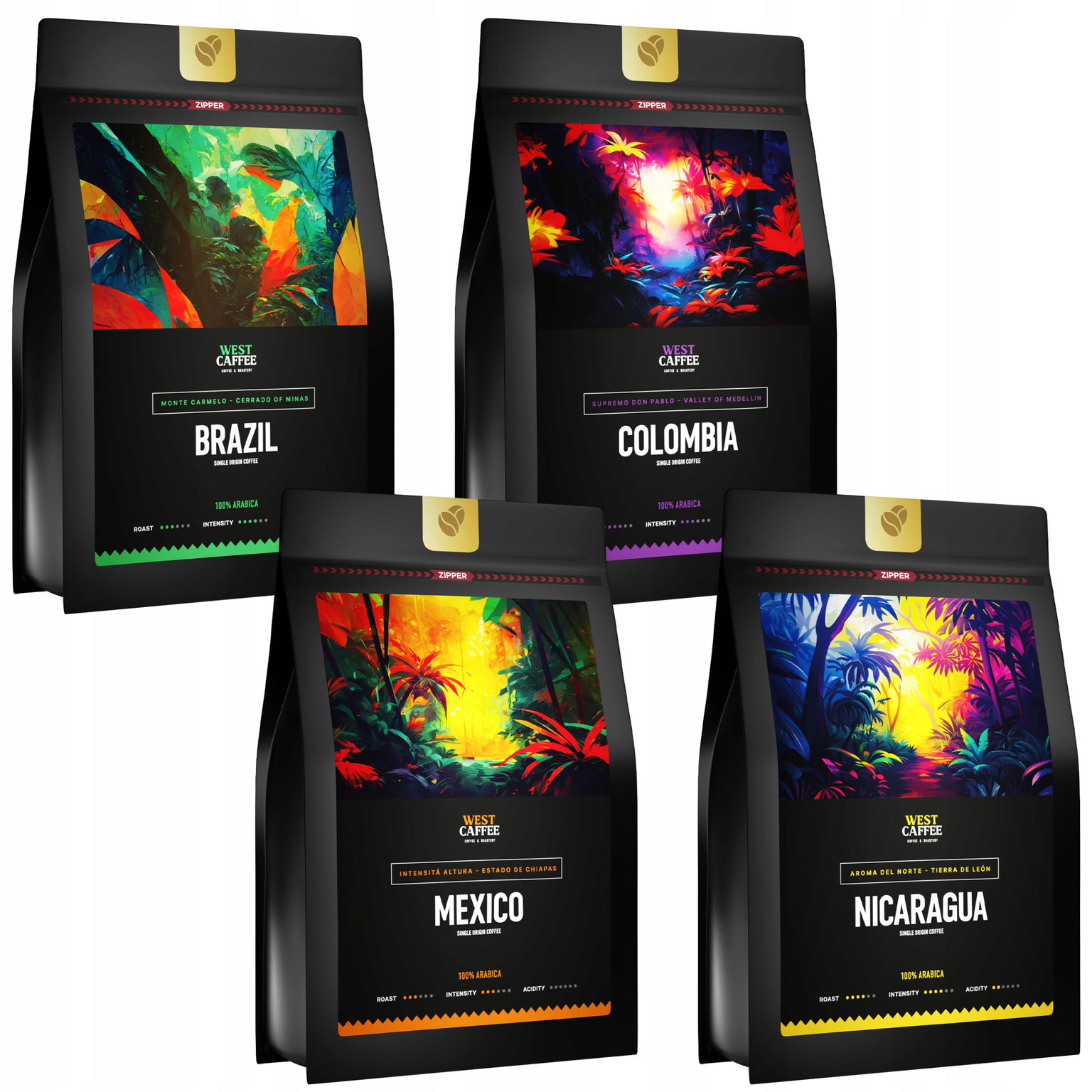 Zrnková káva Sada 4x250 g Kolumbia Nikaragua Brazil Mexiko MIX