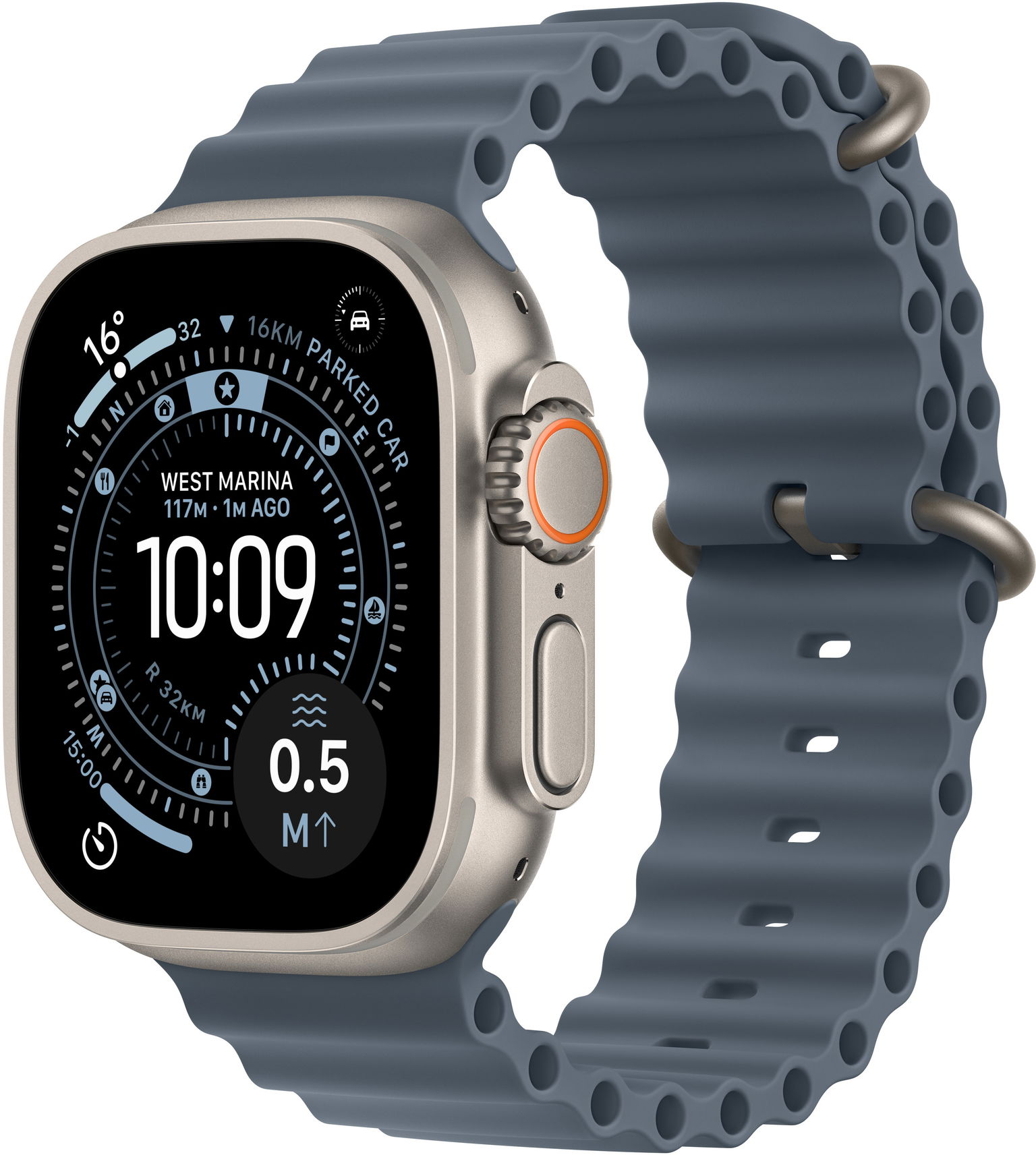 Apple Watch Ultra 3 49 mm Prírodný titán s oceľovo modrým oceánskym remienkom