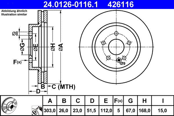 ATE 426116 brzdový kotúč 24.0126-0116.1, súprava 2 ks