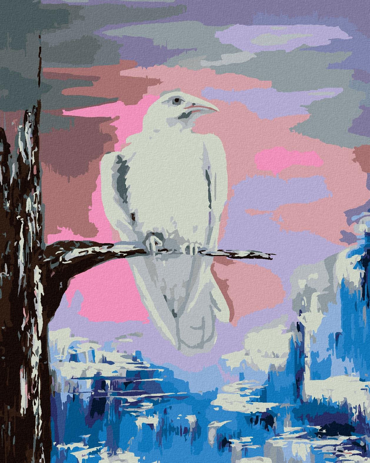 Biela vrana na konári, 40 × 50 cm, vypnuté plátno na rám