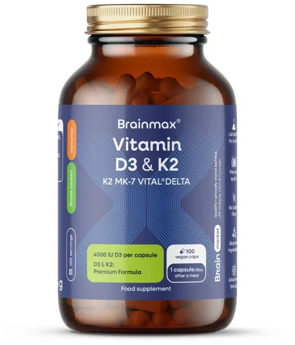 BrainMax Vitamín D3 & K2®, D3 4000 IU / K2 150 mcg, 100 rastlinných kapsúl