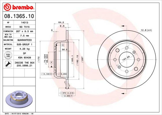 BREMBO brzdový kotúč 08.1365.10, súprava 2 ks