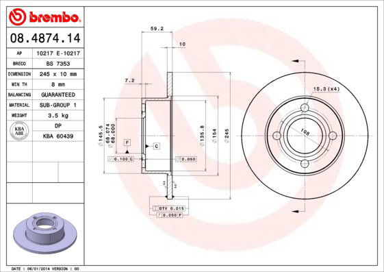 BREMBO brzdový kotúč 08.4874.14, súprava 2 ks