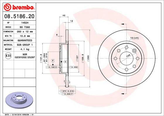 BREMBO brzdový kotúč 08.5186.20, sada 2 ks