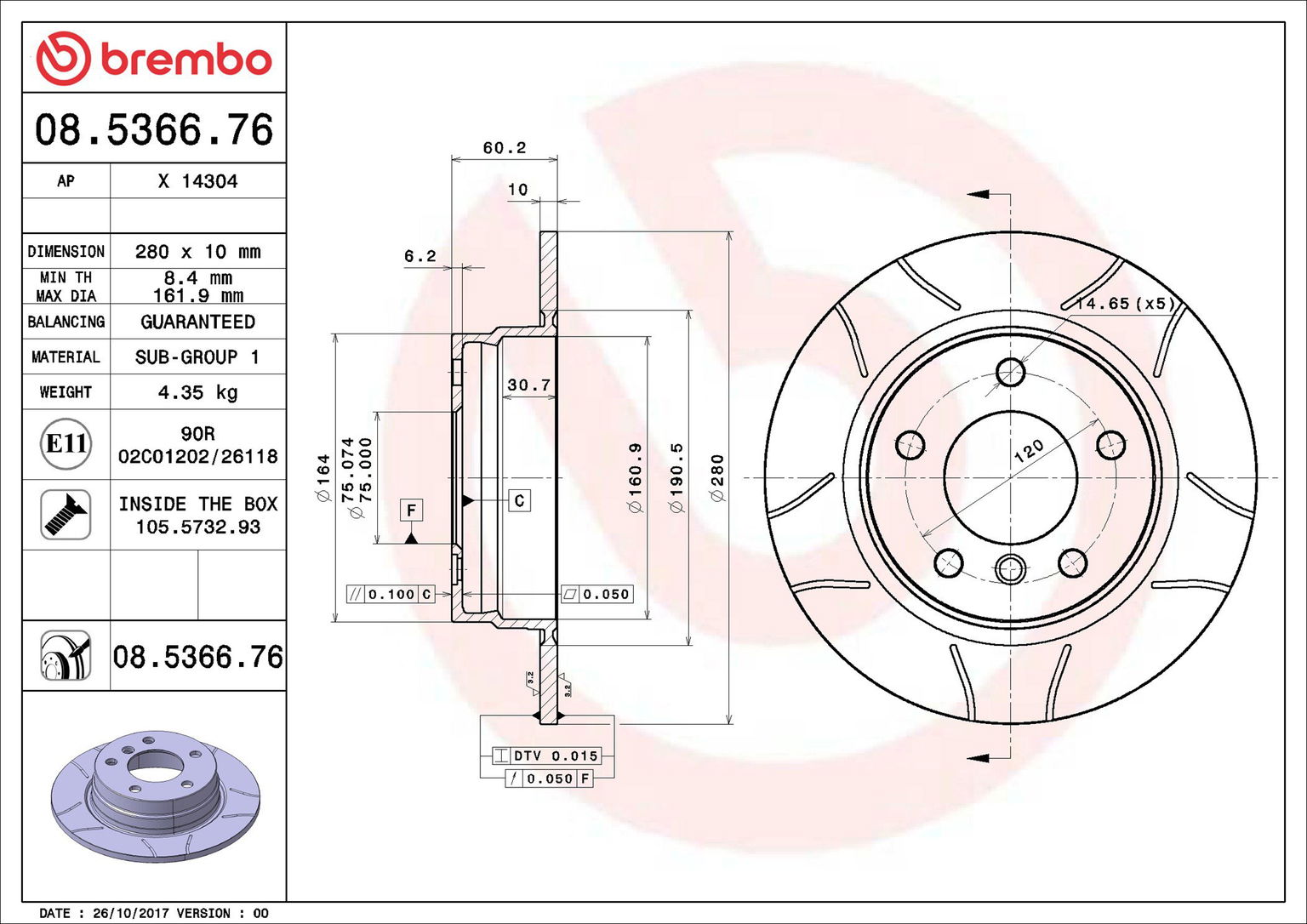 BREMBO brzdový kotúč 08.5366.76, sada 2 ks