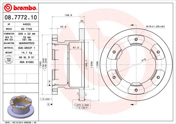 BREMBO brzdový kotúč 08.7772.10, súprava 2 ks