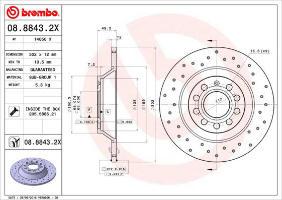 BREMBO brzdový kotúč 08.8843.2X, sada 2 ks