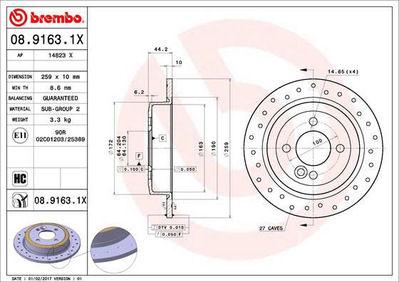 BREMBO brzdový kotúč 08.9163.1X, súprava 2 ks