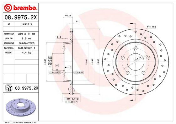 BREMBO brzdový kotúč 08.9975.2X, súprava 2 ks