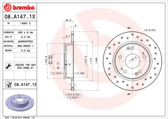 BREMBO brzdový kotúč 08.A147.1X, súprava 2 ks