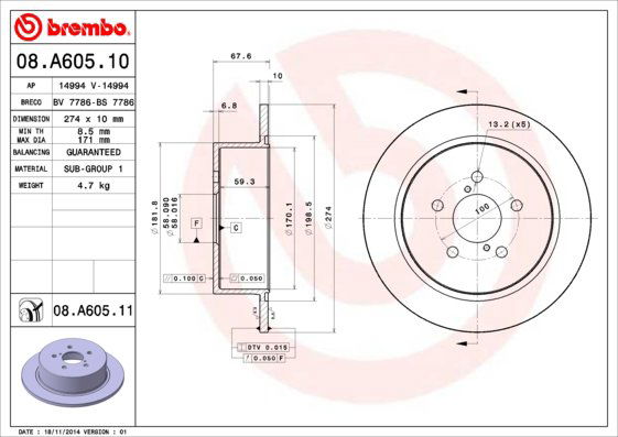 BREMBO brzdový kotúč 08.A605.11, súprava 2 ks