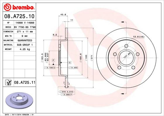 BREMBO brzdový kotúč 08.A725.11, sada 2 ks