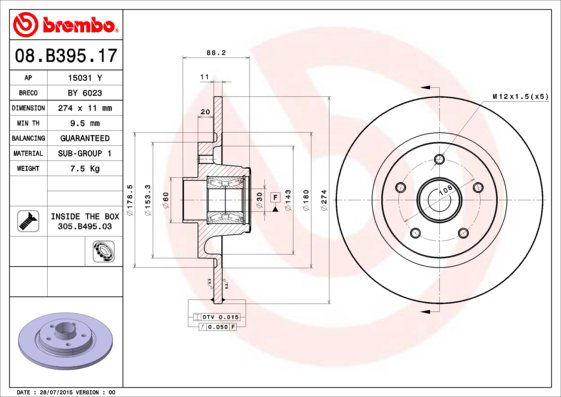 BREMBO brzdový kotúč 08.B395.17, súprava 2 ks